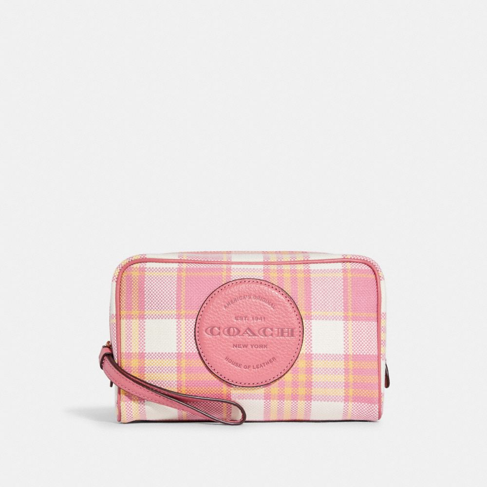 Dempsey Boxy Cosmetic Case 20 With Garden Plaid Print And Coach Patch - C8679 - GOLD/TAFFY MULTI