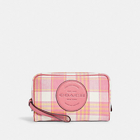 COACH Dempsey Boxy Cosmetic Case 20 With Garden Plaid Print And Coach Patch - GOLD/TAFFY MULTI - C8679