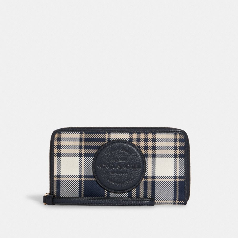 COACH C8680 Dempsey Large Phone Wallet With Garden Plaid Print And Coach Patch GOLD/MIDNIGHT MULTI