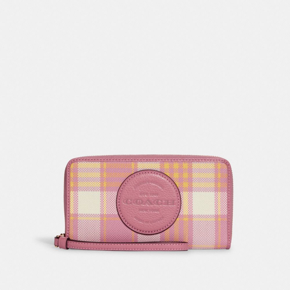 Dempsey Large Phone Wallet With Garden Plaid Print And Coach Patch - C8680 - GOLD/TAFFY MULTI