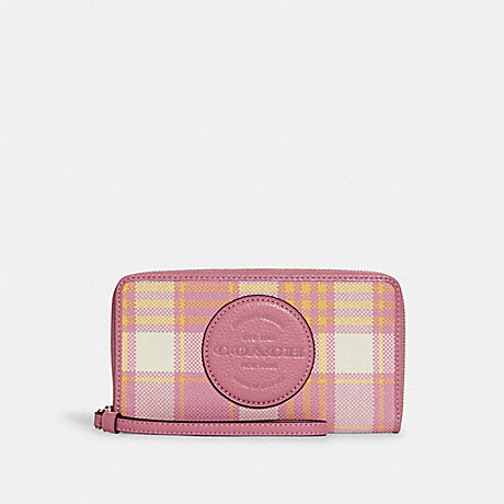 COACH C8680 Dempsey Large Phone Wallet With Garden Plaid Print And Coach Patch GOLD/TAFFY-MULTI