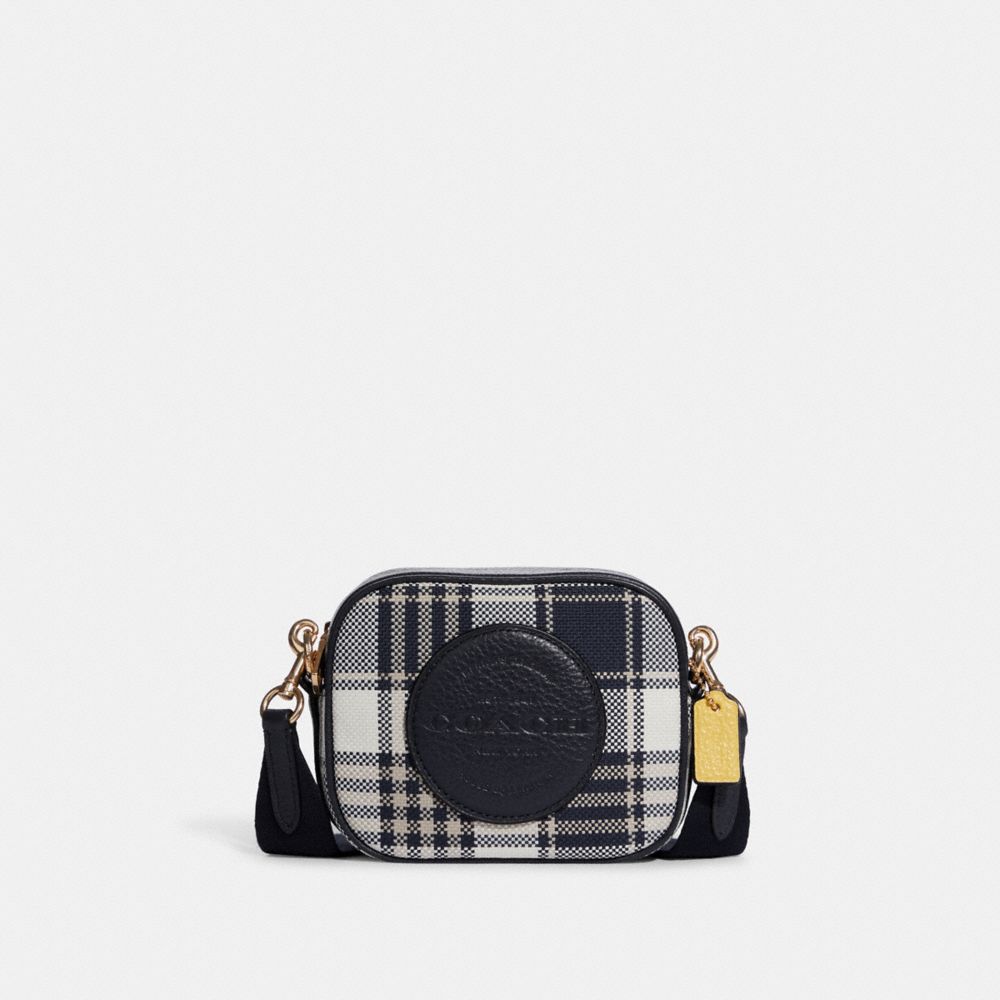 COACH C8681 Mini Dempsey Camera Bag With Garden Plaid Print And Coach Patch GOLD/MIDNIGHT MULTI