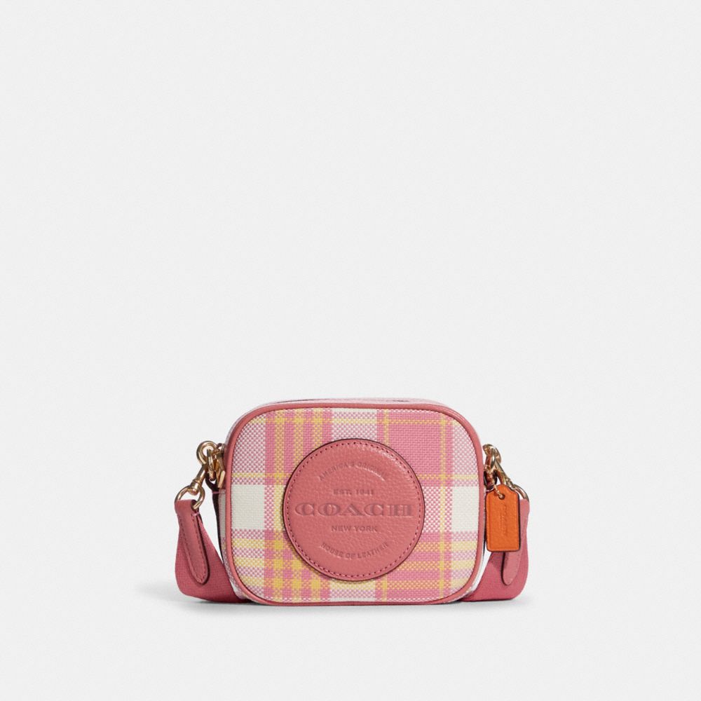 COACH C8681 Mini Dempsey Camera Bag With Garden Plaid Print And Coach Patch GOLD/TAFFY MULTI