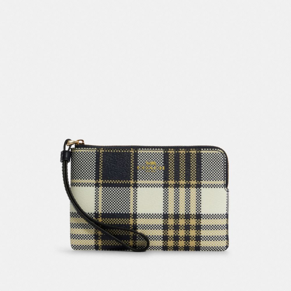 COACH Corner Zip Wristlet With Garden Plaid Print - GOLD/MIDNIGHT MULTI - C8683