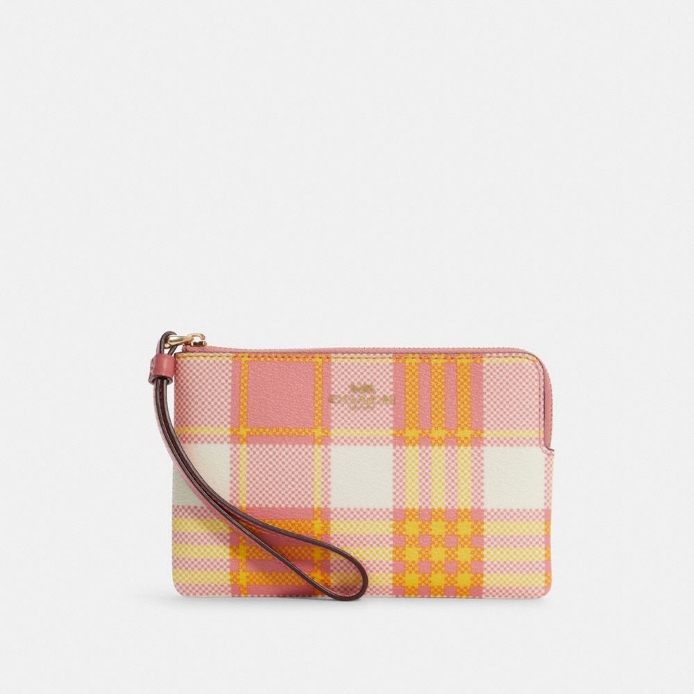 Corner Zip Wristlet With Garden Plaid Print - C8683 - GOLD/TAFFY MULTI