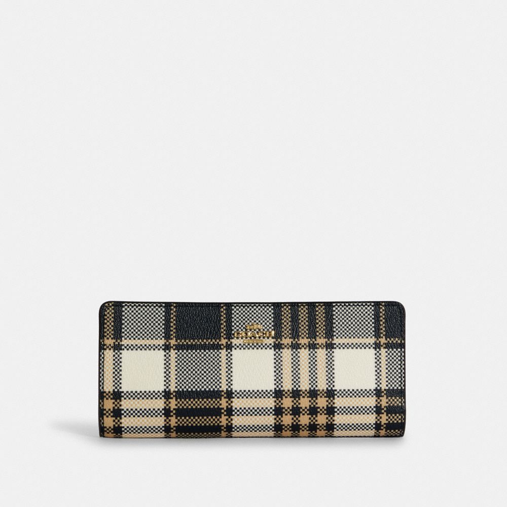 Slim Wallet With Garden Plaid Print - C8686 - GOLD/MIDNIGHT MULTI