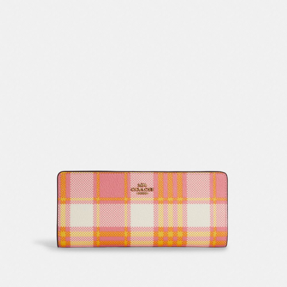 COACH Slim Wallet With Garden Plaid Print - GOLD/TAFFY MULTI - C8686