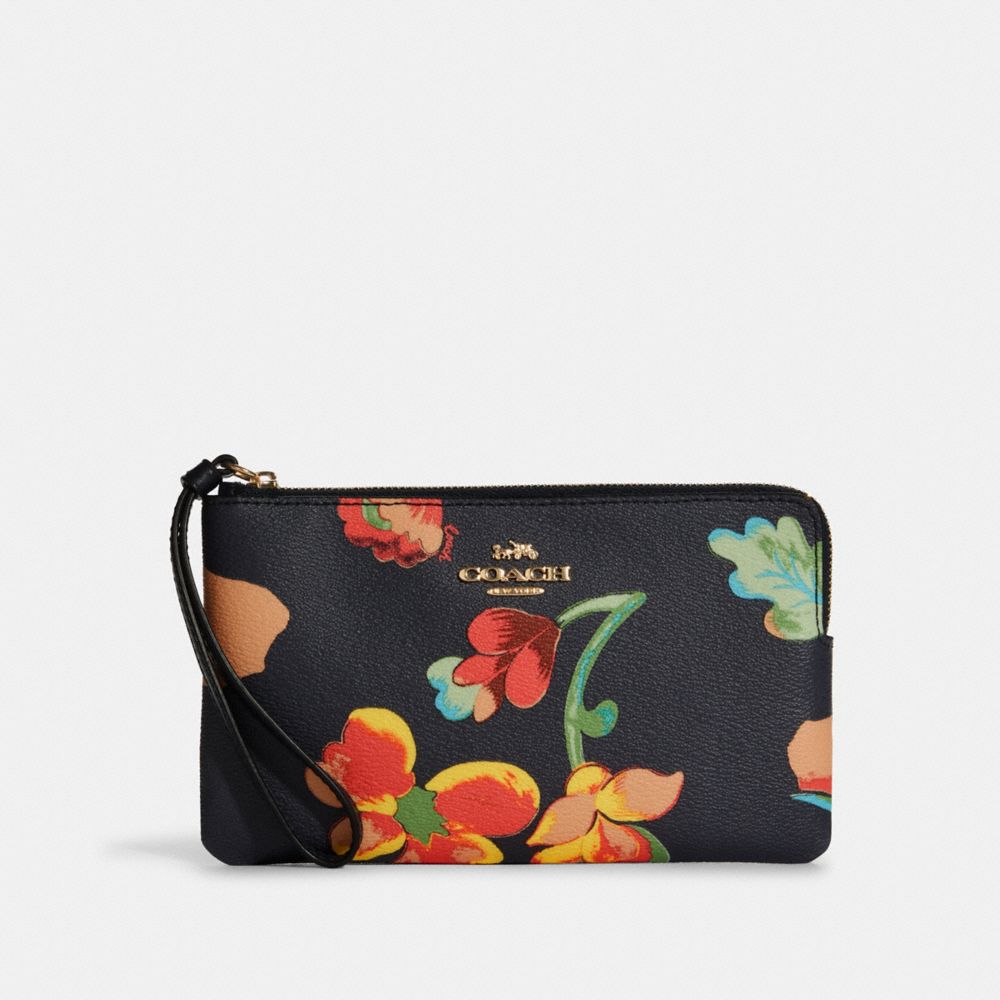 Large Corner Zip Wristlet With Dreamy Land Floral Print - C8696 - GOLD/MIDNIGHT MULTI