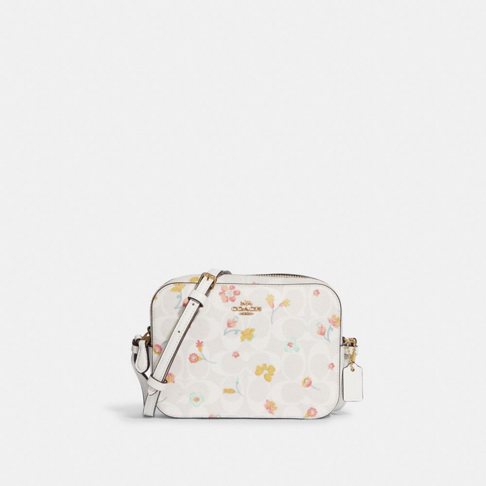 Mini Camera Bag In Signature Canvas With Mystical Floral Print - C8700 - GOLD/CHALK MULTI