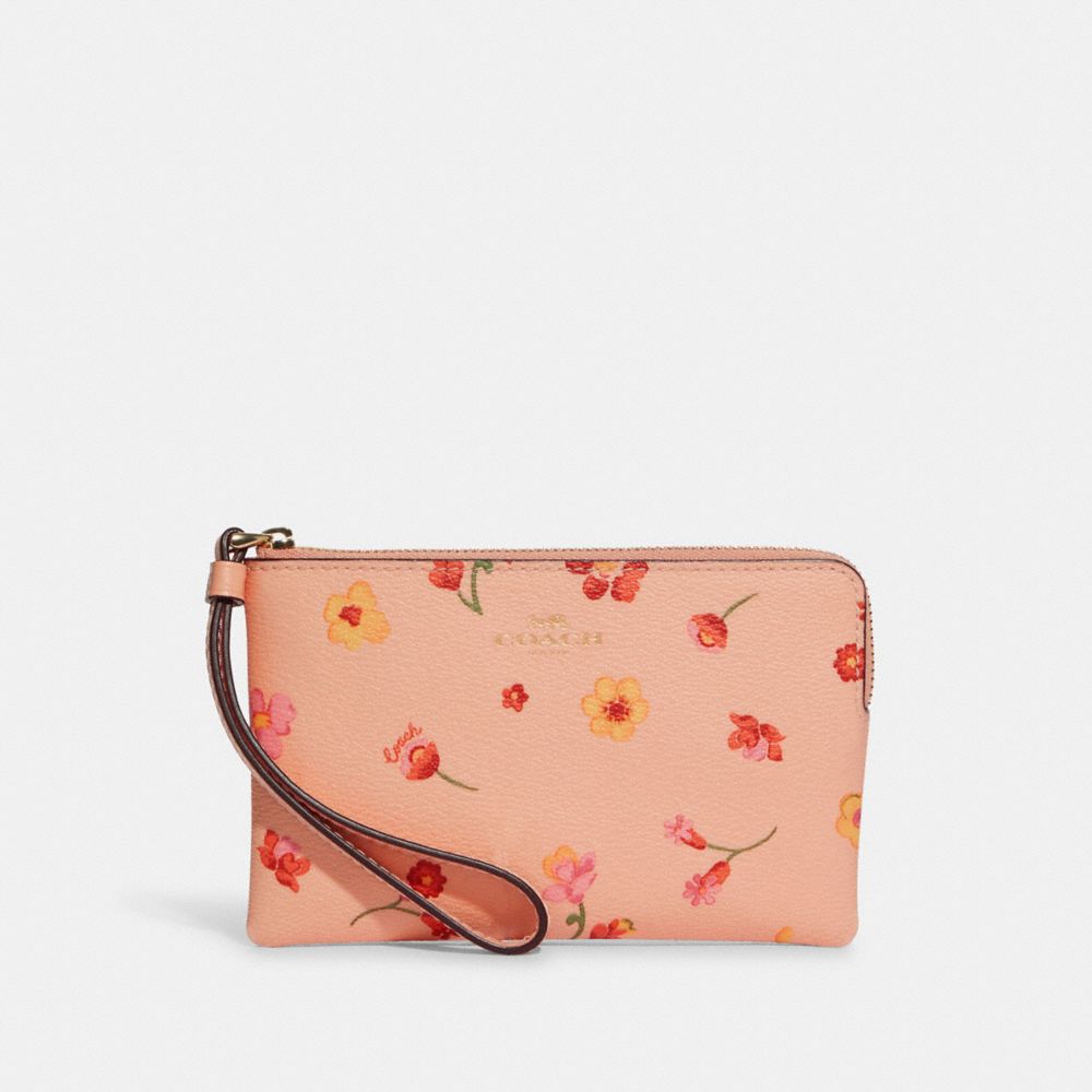 Corner Zip Wristlet With Mystical Floral Print - C8701 - GOLD/FADED BLUSH MULTI
