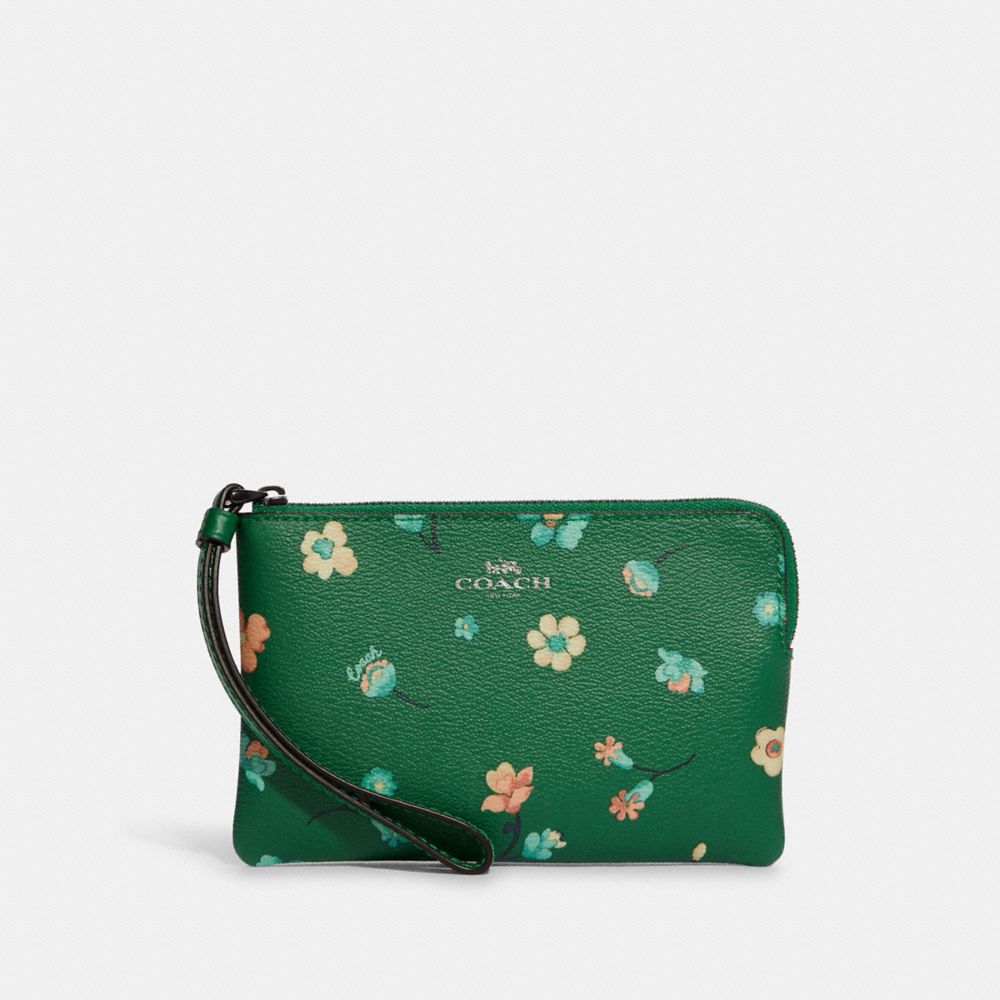 Corner Zip Wristlet With Mystical Floral Print - C8701 - GUNMETAL/GREEN MULTI