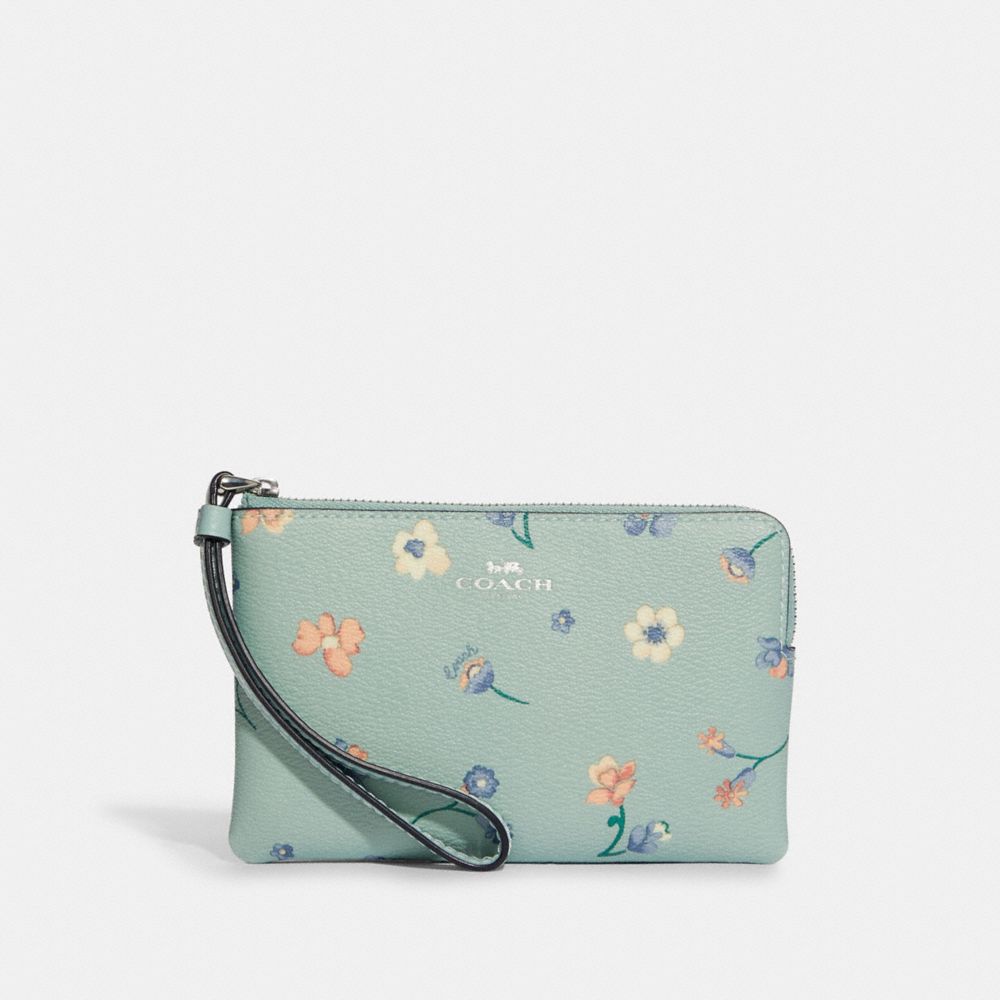 COACH Corner Zip Wristlet With Mystical Floral Print - SILVER/LIGHT TEAL MULTI - C8701