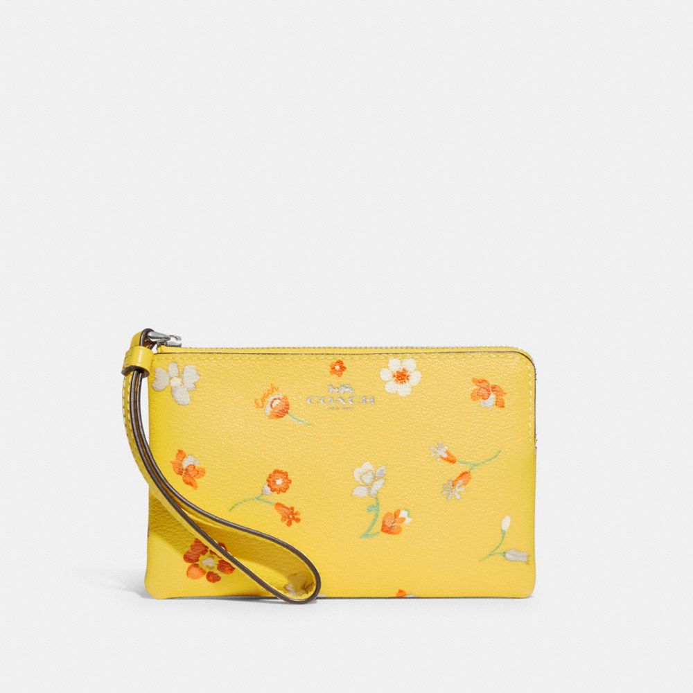 Corner Zip Wristlet With Mystical Floral Print - C8701 - SILVER/YELLOW MULTI