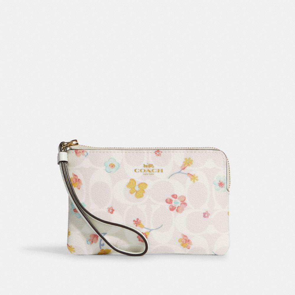 Corner Zip Wristlet In Signature Canvas With Mystical Floral Print - GOLD/CHALK MULTI - COACH C8702