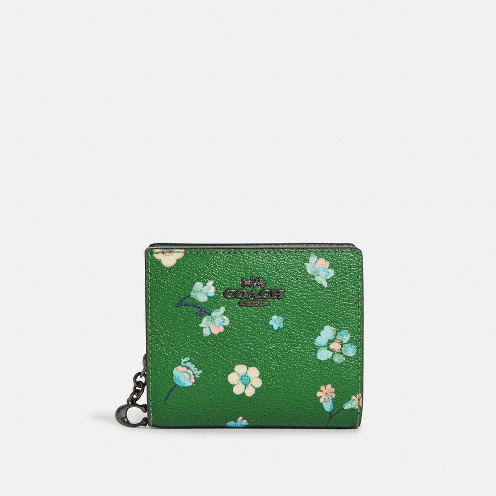 COACH Snap Wallet With Mystical Floral Print - GUNMETAL/GREEN MULTI - C8703