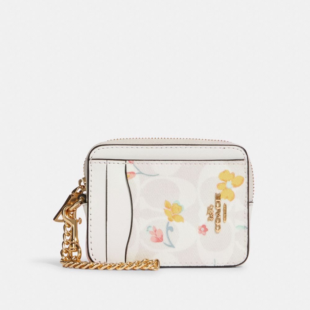 COACH Zip Card Case In Signature Canvas With Mystical Floral Print - GOLD/CHALK MULTI - C8705