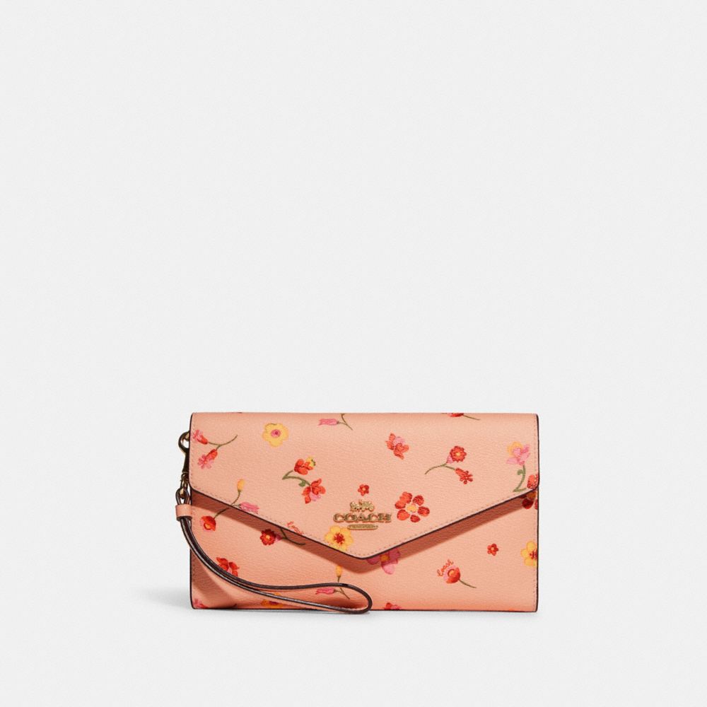 COACH Travel Envelope Wallet With Mystical Floral Print - GOLD/FADED BLUSH MULTI - C8708
