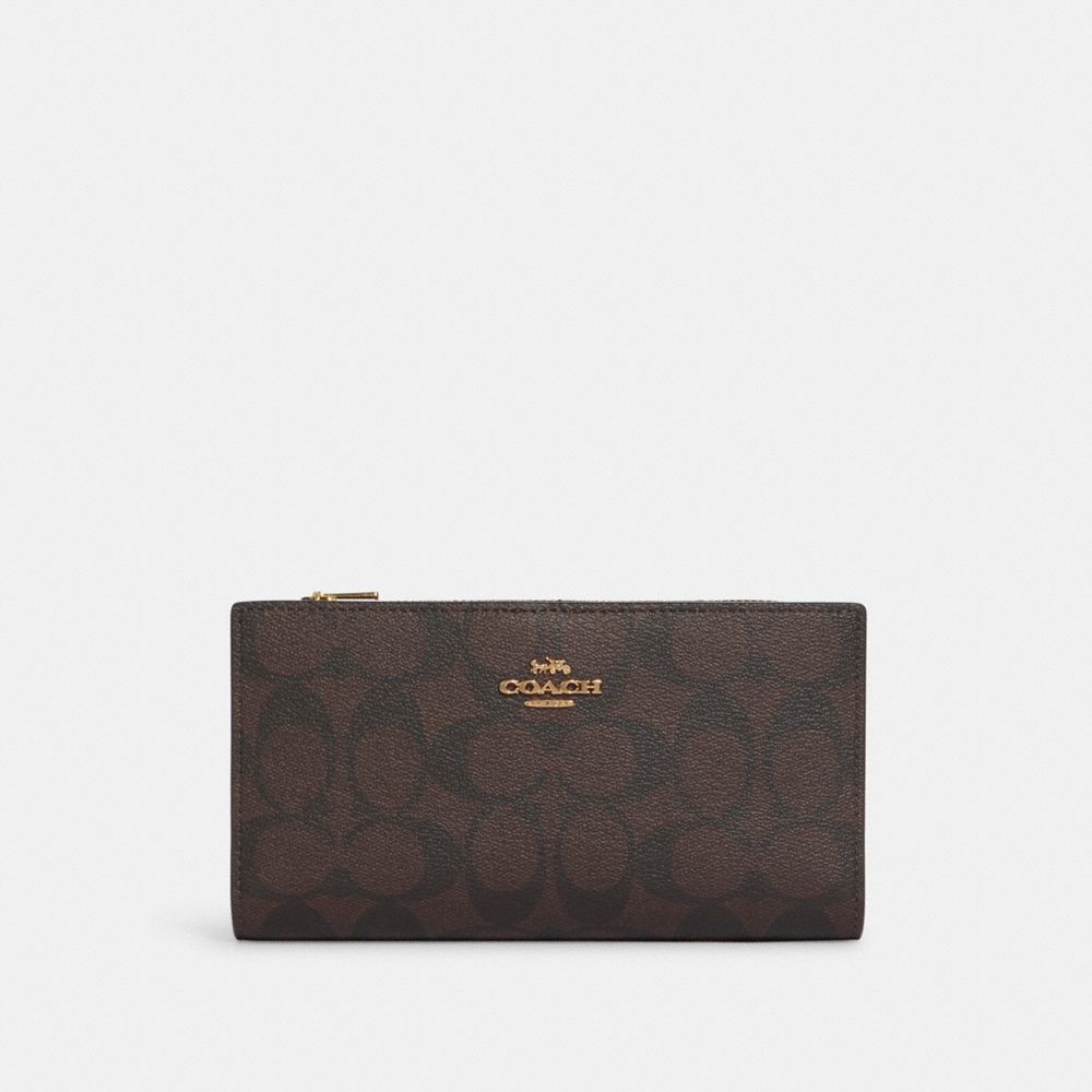 Slim Zip Wallet In Signature Canvas - GOLD/BROWN BLACK - COACH C8714