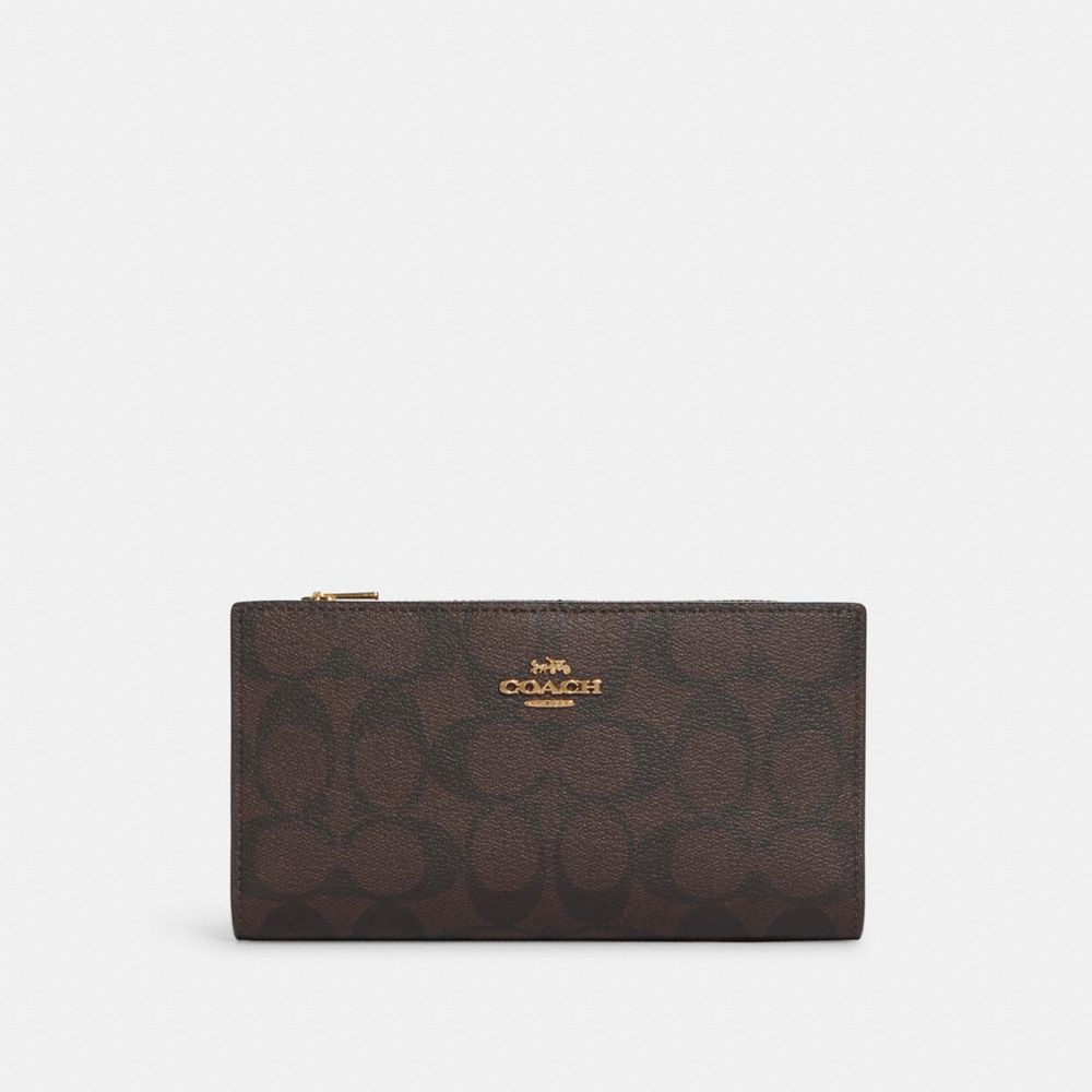 COACH C8714 - Slim Zip Wallet In Signature Canvas GOLD/BROWN BLACK