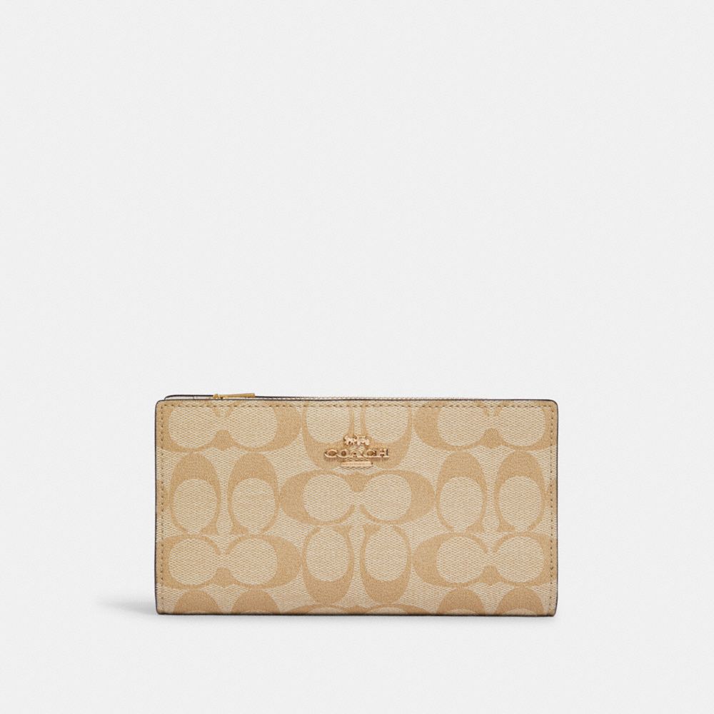 Slim Zip Wallet In Signature Canvas - C8714 - GOLD/LIGHT KHAKI CHALK