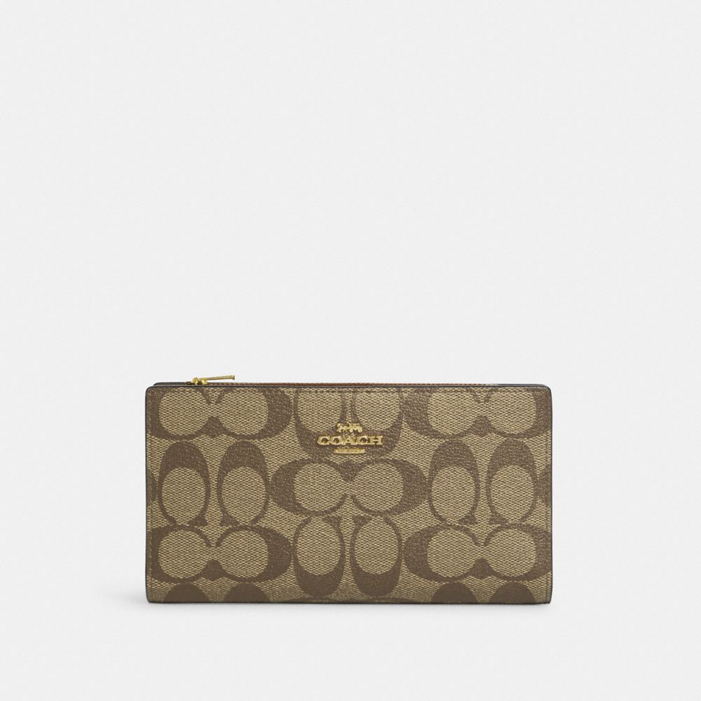 Slim Zip Wallet In Signature Canvas - GOLD/KHAKI SADDLE 2 - COACH C8714