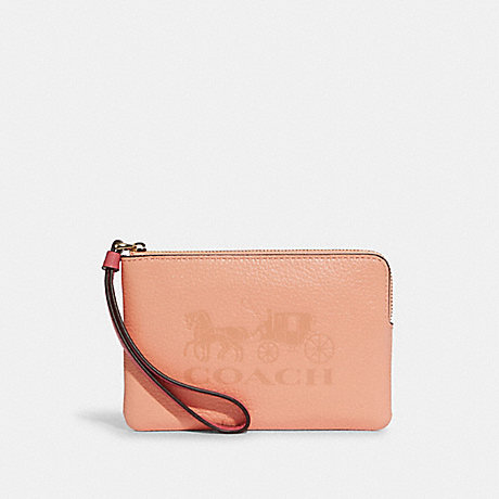 COACH Corner Zip Wristlet In Colorblock With Horse And Carriage - GOLD/FADED BLUSH MULTI - C8717