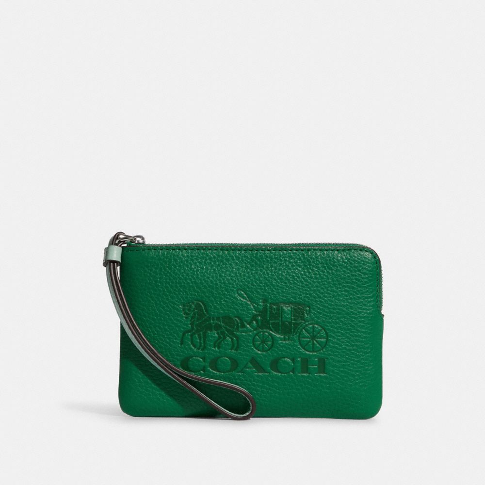 Corner Zip Wristlet In Colorblock With Horse And Carriage - C8717 - Silver/Green Multi