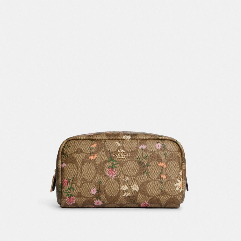 Small Boxy Cosmetic Case In Signature Canvas With Wildflower Print - C8728 - GOLD/KHAKI MULTI