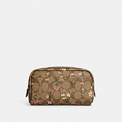 Small Boxy Cosmetic Case In Signature Canvas With Wildflower Print - C8728 - GOLD/KHAKI MULTI