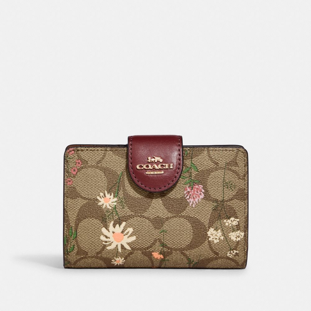 Medium Corner Zip Wallet In Signature Canvas With Wildflower Print - C8730 - GOLD/KHAKI MULTI