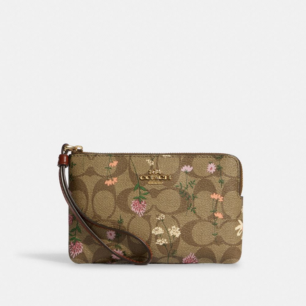 COACH C8732 Corner Zip Wristlet In Signature Canvas With Wildflower Print GOLD/KHAKI MULTI