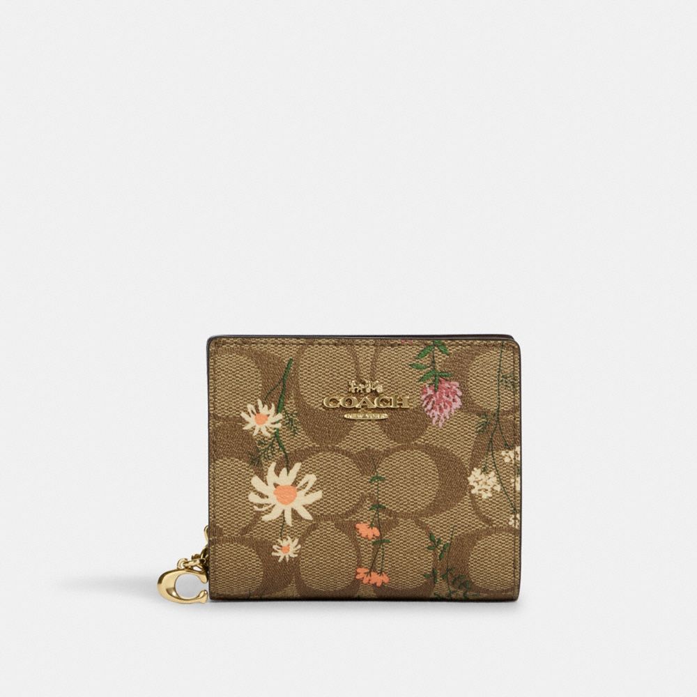 COACH Snap Wallet In Signature Canvas With Wildflower Print - GOLD/KHAKI MULTI - C8734