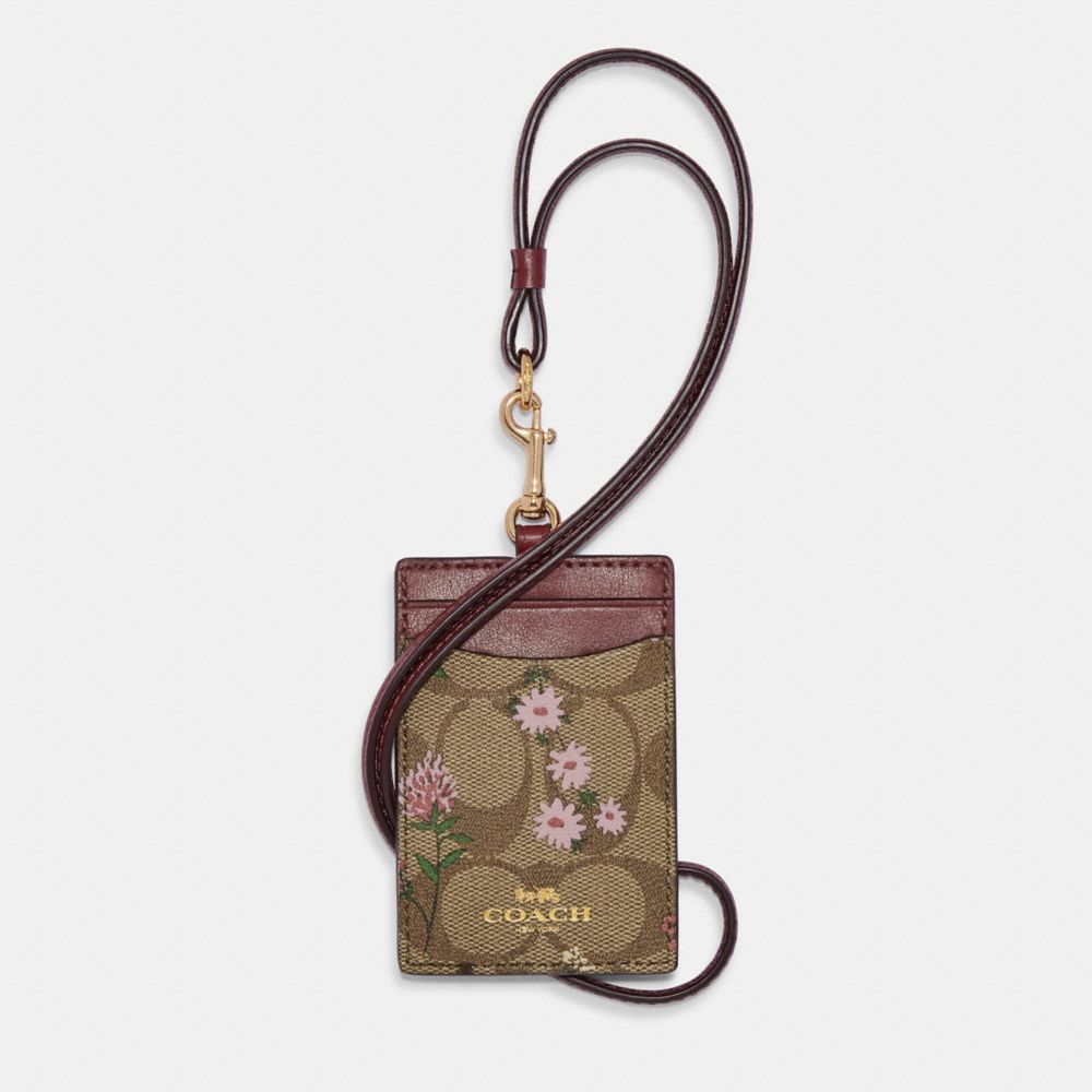Id Lanyard In Signature Canvas With Wildflower Print - C8735 - GOLD/KHAKI MULTI