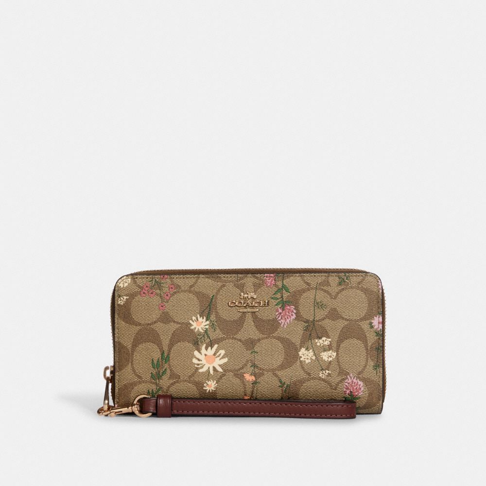 Long Zip Around Wallet In Signature Canvas With Wildflower Print - C8736 - GOLD/KHAKI MULTI