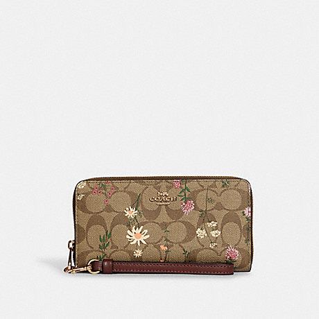 COACH Long Zip Around Wallet In Signature Canvas With Wildflower Print - GOLD/KHAKI MULTI - C8736