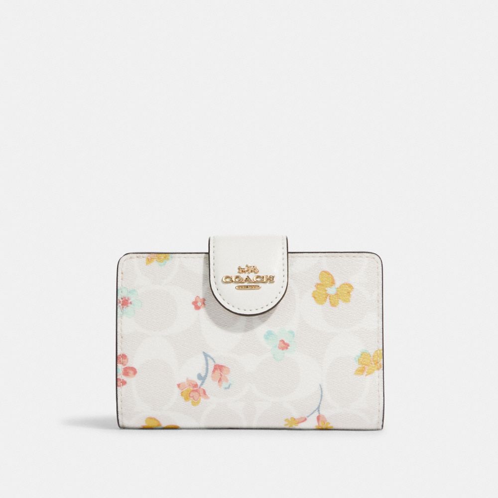 COACH C8741 - Medium Corner Zip Wallet In Signature Canvas With Mystical Floral Print GOLD/CHALK MULTI