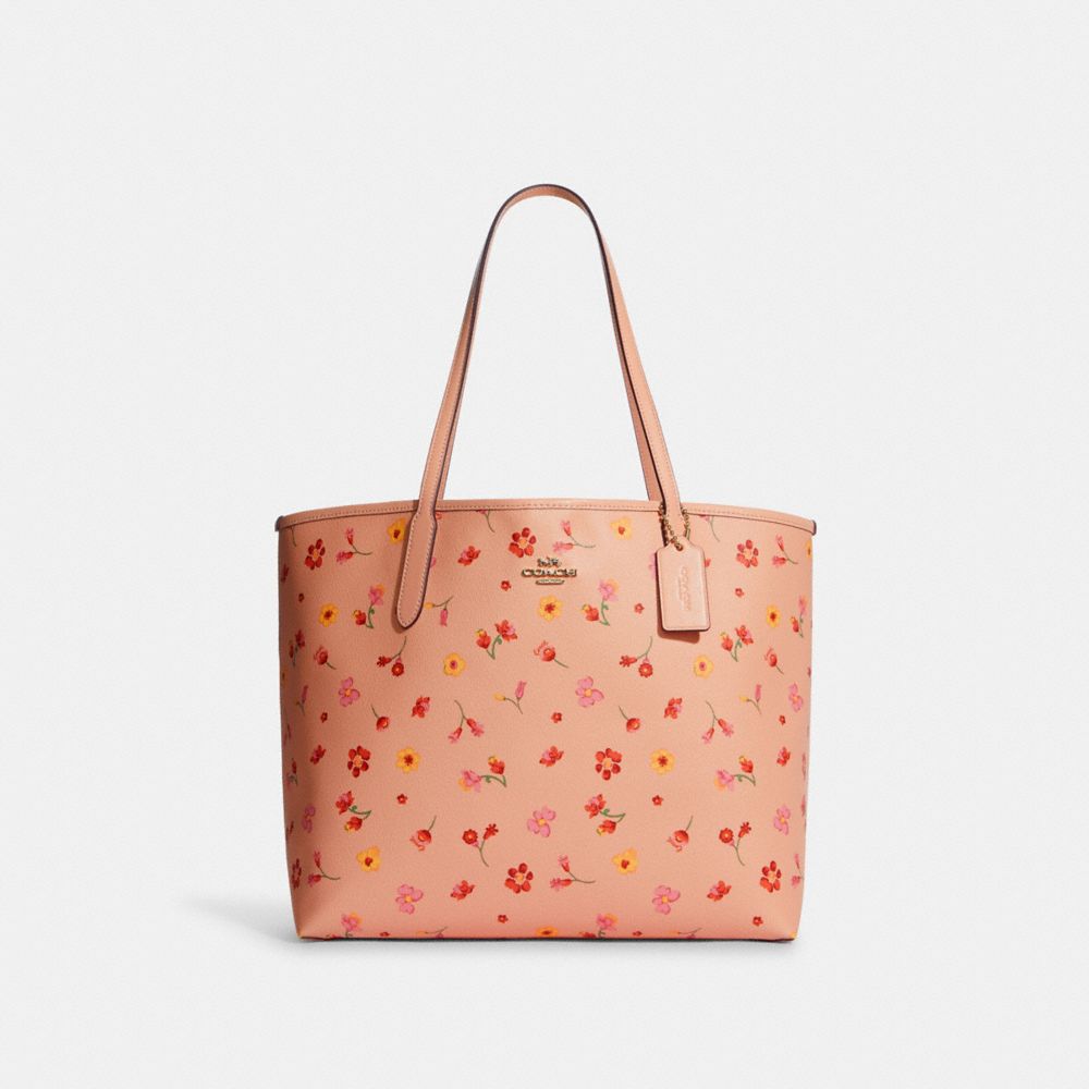 City Tote With Mystical Floral Print - C8743 - GOLD/FADED BLUSH MULTI