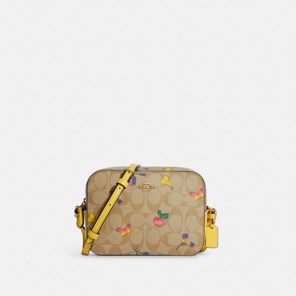 COACH Mini Camera Bag In Signature Canvas With Dreamy Veggie Print - GOLD/LIGHT KHAKI/RETRO YELLOW - C8752