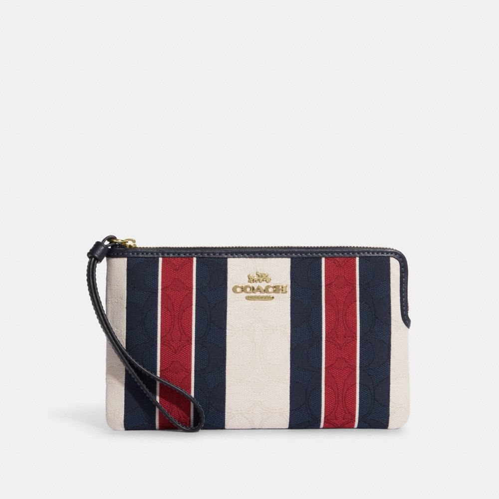 COACH C8753 Large Corner Zip Wristlet In Signature Jacquard With Stripes Gold/Chalk Multi