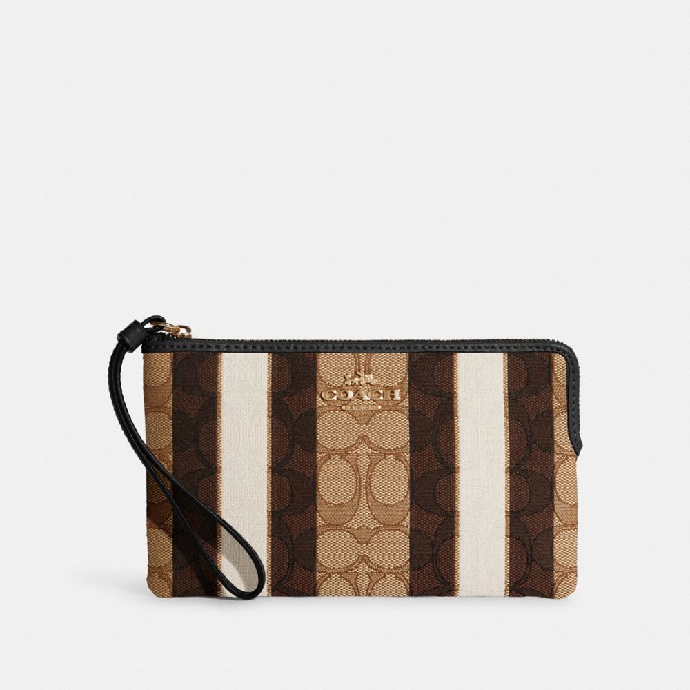 COACH Large Corner Zip Wristlet In Signature Jacquard With Stripes - GOLD/KHAKI BLACK MULTI - C8753