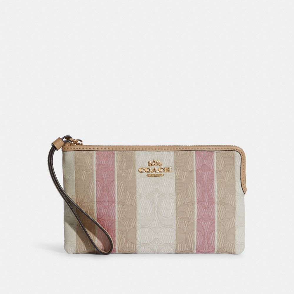 COACH Large Corner Zip Wristlet In Signature Jacquard With Stripes - GOLD/TAFFY MULTI - C8753