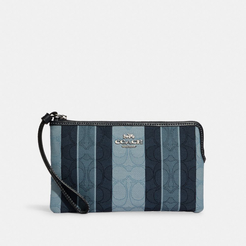 COACH Large Corner Zip Wristlet In Signature Jacquard With Stripes - SILVER/MIDNIGHT MULTI - C8753