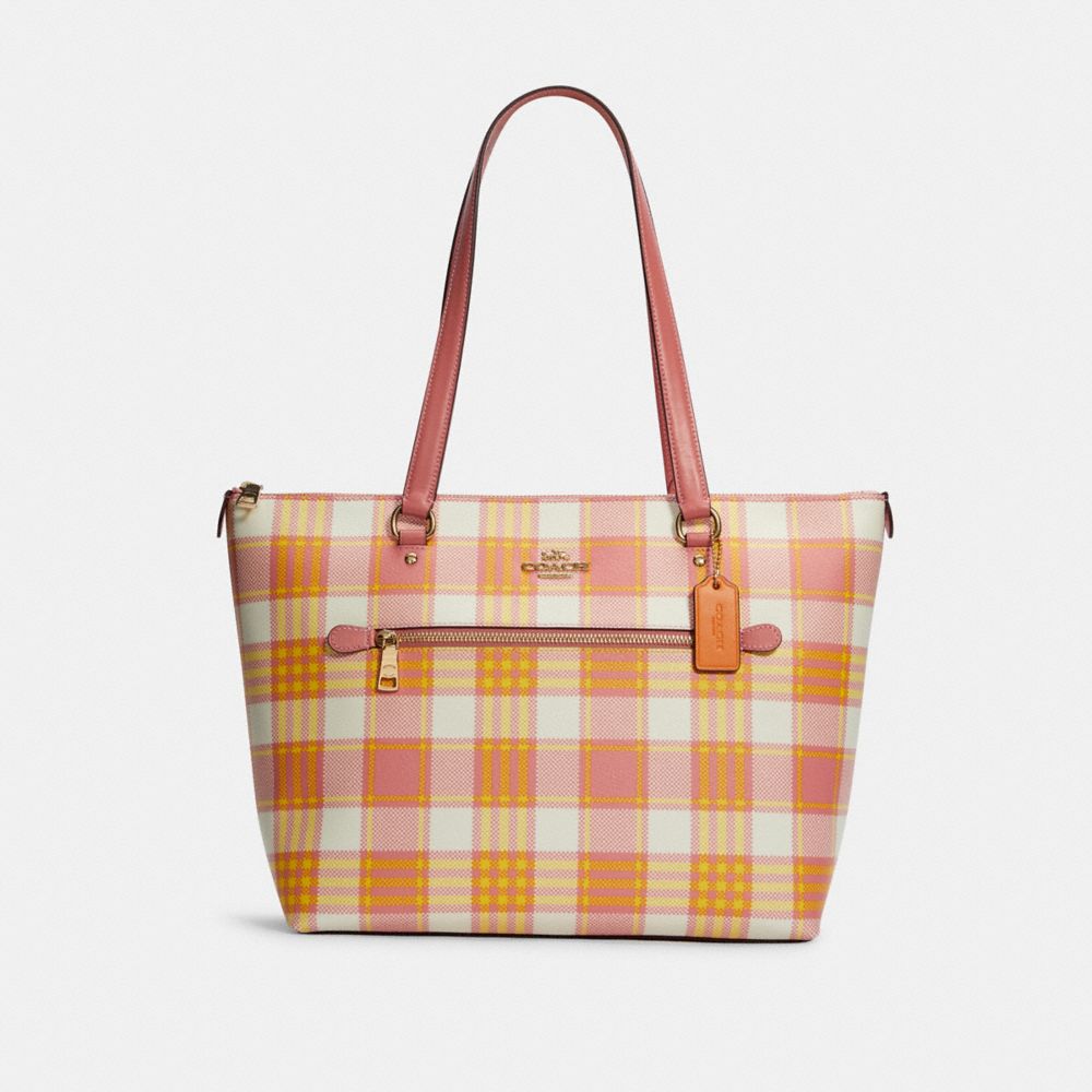COACH C8755 Gallery Tote With Garden Plaid Print GOLD/TAFFY MULTI