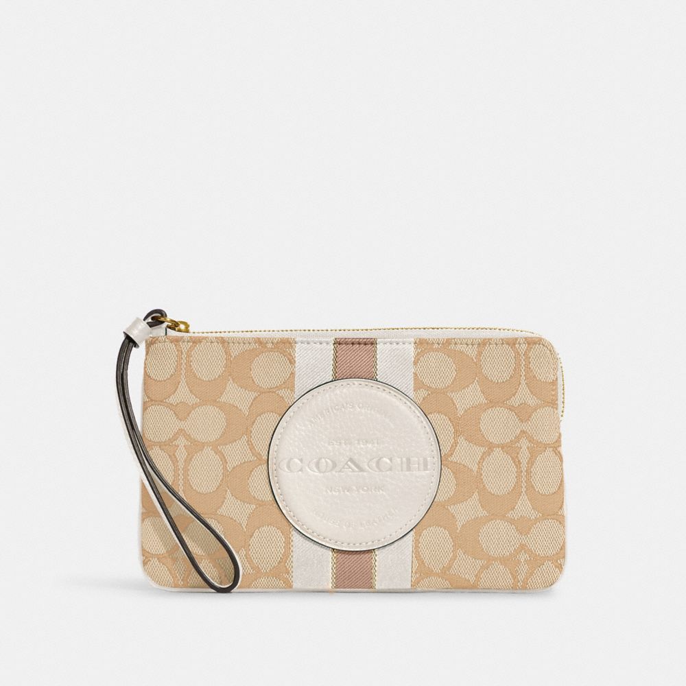 COACH C8841 Dempsey Large Corner Zip Wristlet In Signature Jacquard With Stripe And Coach Patch GOLD/LIGHT KHAKI CHALK