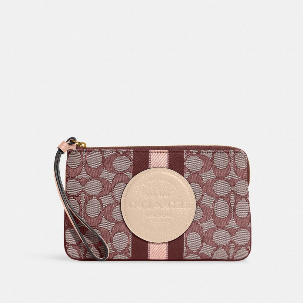 Dempsey Large Corner Zip Wristlet In Signature Jacquard With Stripe And Coach Patch - C8841 - Gold/Wine Multi