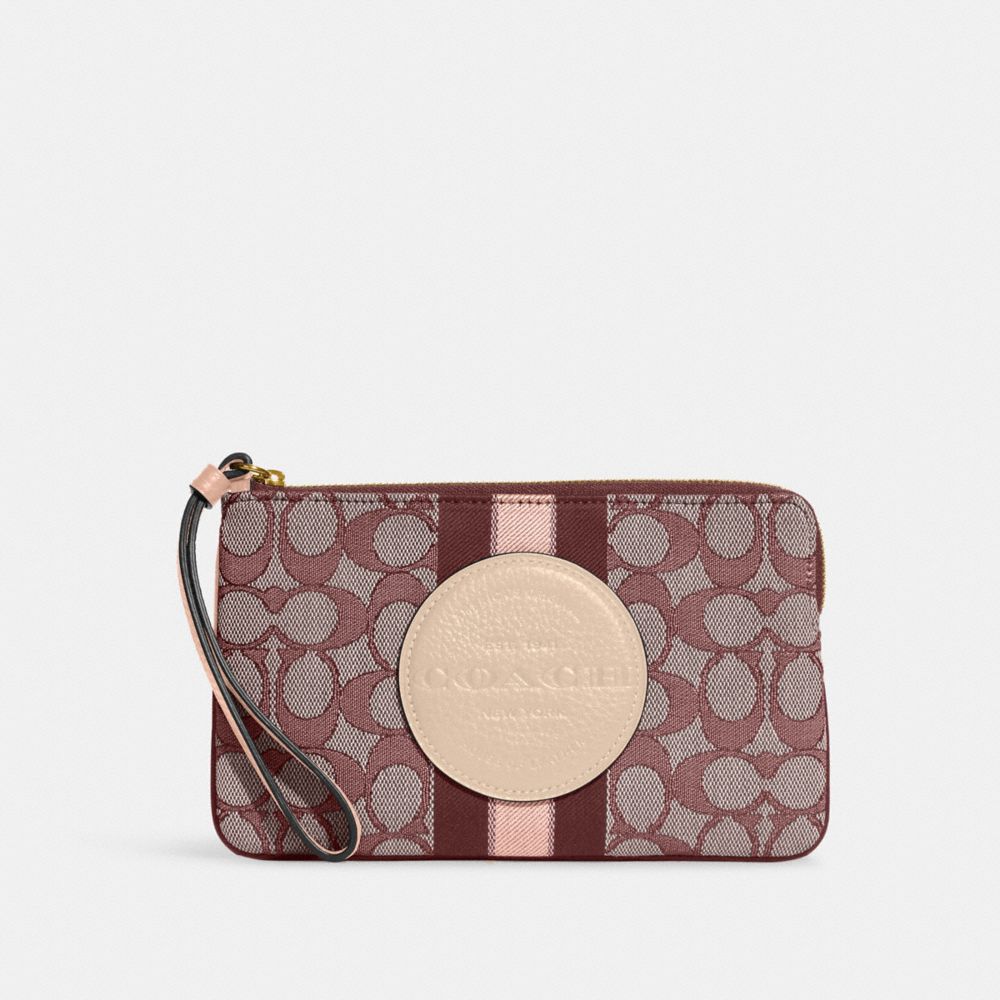 COACH C8841 Dempsey Large Corner Zip Wristlet In Signature Jacquard With Stripe And Coach Patch GOLD/WINE MULTI