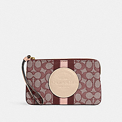 COACH C8841 Dempsey Large Corner Zip Wristlet In Signature Jacquard With Stripe And Coach Patch GOLD/WINE MULTI