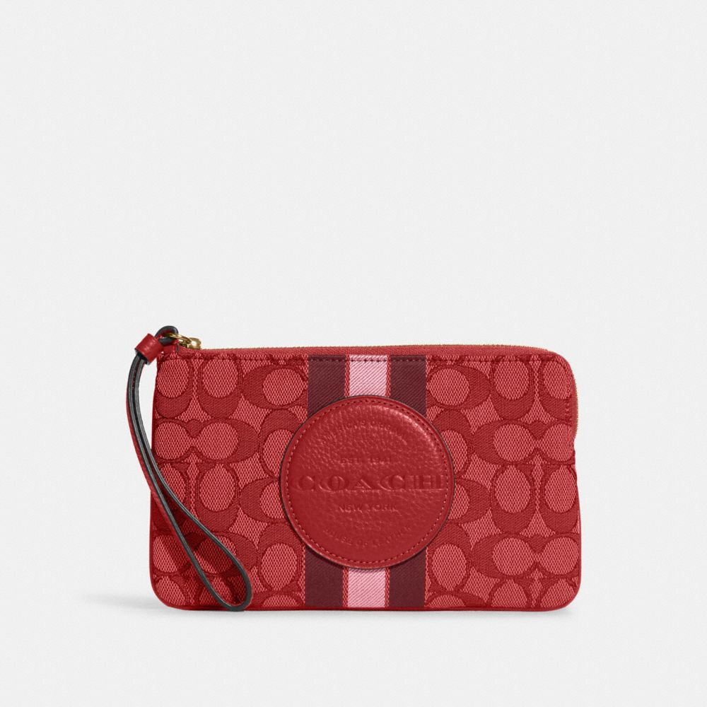 COACH C8841 Dempsey Large Corner Zip Wristlet In Signature Jacquard With Stripe And Coach Patch Gold/Red Apple Multi