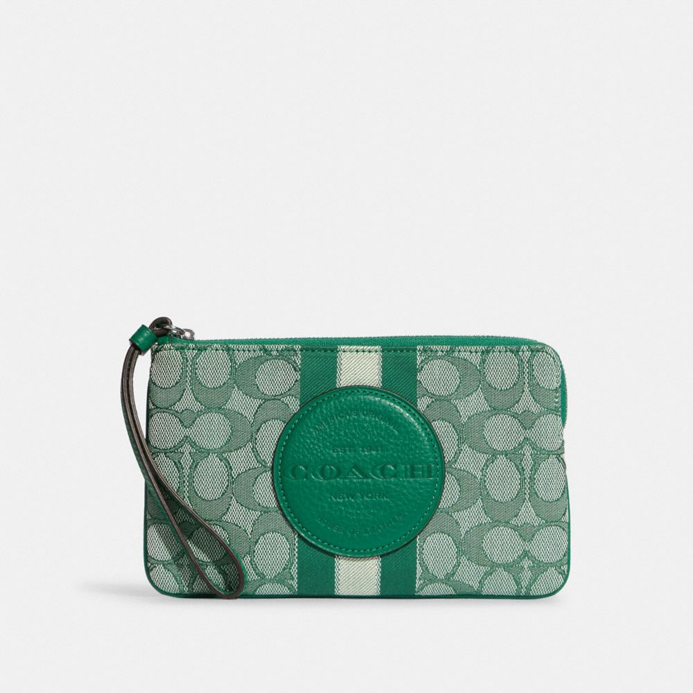 COACH C8841 Dempsey Large Corner Zip Wristlet In Signature Jacquard With Stripe And Coach Patch Silver/Green