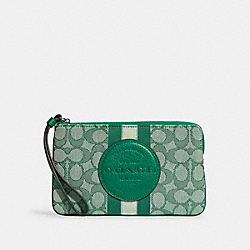Dempsey Large Corner Zip Wristlet In Signature Jacquard With Stripe And Coach Patch - C8841 - Silver/Green